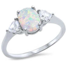 Load image into Gallery viewer, Sterling Silver Oval White Opal And Heart Clear CZ Ring