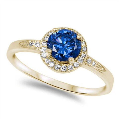 Sterling Silver Halo Style Yellow Gold Plated Blue Sapphire And CZ Fashion Ring