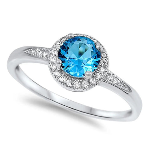 Sterling Silver Halo Style Blue Topaz Promise Ring