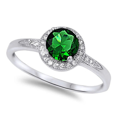 Sterling Silver Halo Green Emerald and Cz Fashion Ring