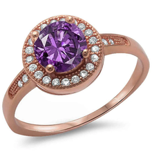 Load image into Gallery viewer, Sterling Silver Halo Style Rose Gold Plated Amethyst And CZ Ring