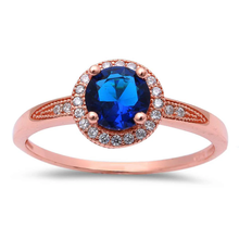 Load image into Gallery viewer, Sterling Silver Halo Style Rose Gold Plated Blue Sapphire And CZ Ring