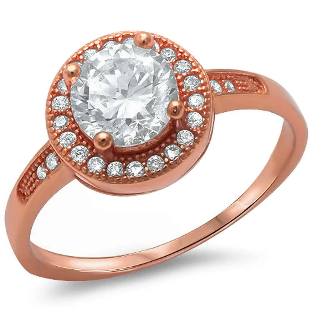 Sterling Silver Halo Style Rose Gold Plated CZ Ring