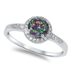 Sterling Silver Halo Style Rainbow Topaz And White CZ Fashion Ring