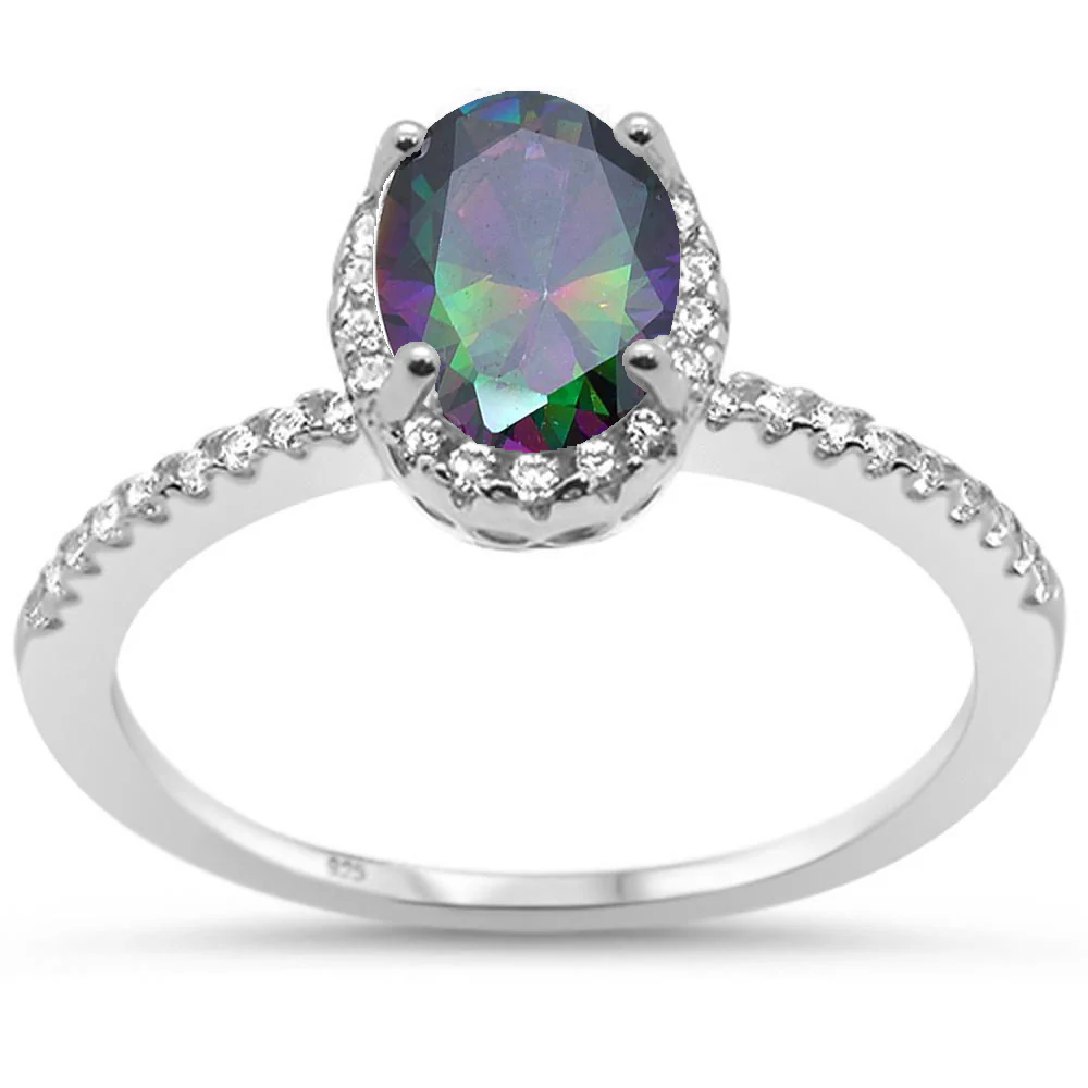 Sterling Silver Oval Rainbow Topaz Halo CZ Engagement Ring