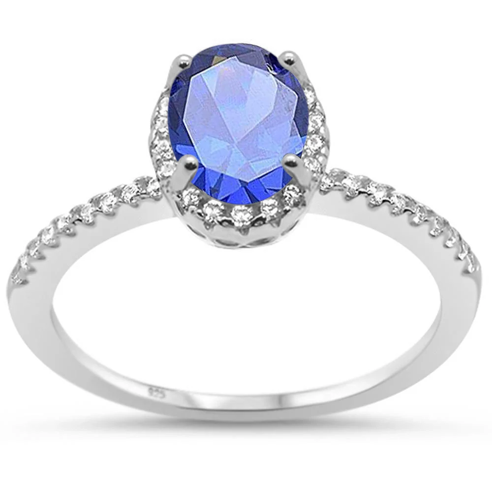 Sterling Silver Oval Tanzanite Halo CZ Engagement Ring