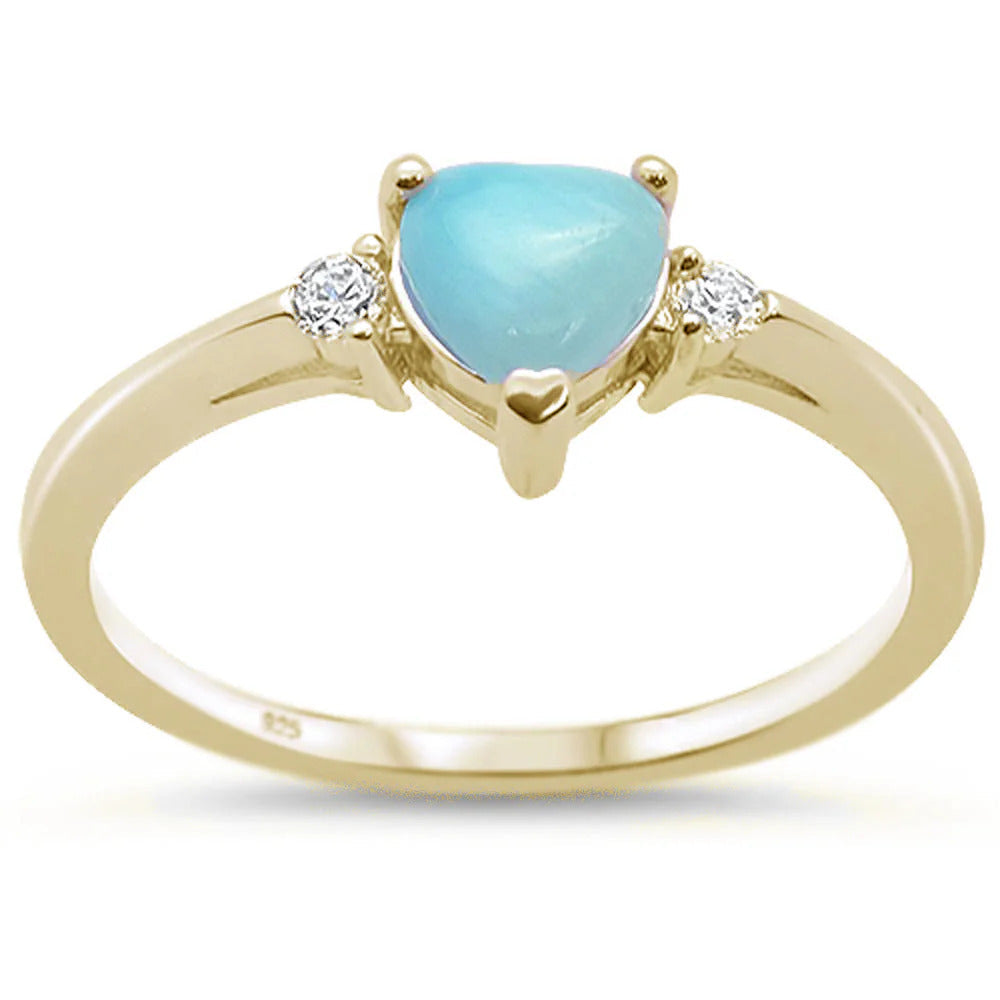 Sterling Silver Yellow Gold Plated Natural Larimar Heart and Cz Ring