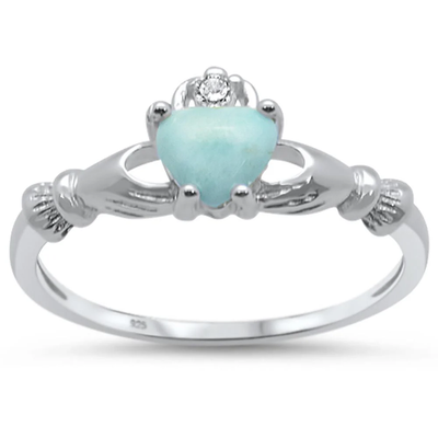 Sterling Silver Natural Larimar And Clear CZ Claddagh Ring