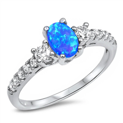 Sterling Silver Oval Blue Opal And Cubic Zirconia Ring