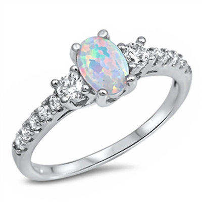 Sterling Silver Oval White Opal And Cubic Zirconia Ring