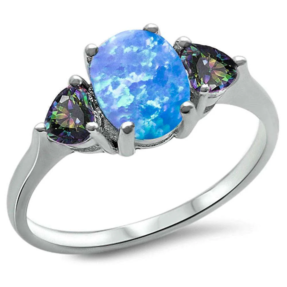 Sterling Silver Oval Blue Opal And Heart Rainbow CZ Ring