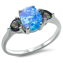 Load image into Gallery viewer, Sterling Silver Oval Blue Opal And Heart Rainbow CZ Ring