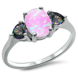 Sterling Silver Oval Pink Opal And Heart Rainbow CZ Ring