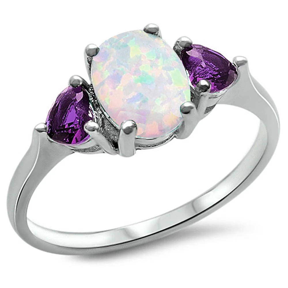 Sterling Silver Oval White Opal And Heart Amethyst CZ Ring