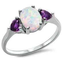 Load image into Gallery viewer, Sterling Silver Oval White Opal And Heart Amethyst CZ Ring