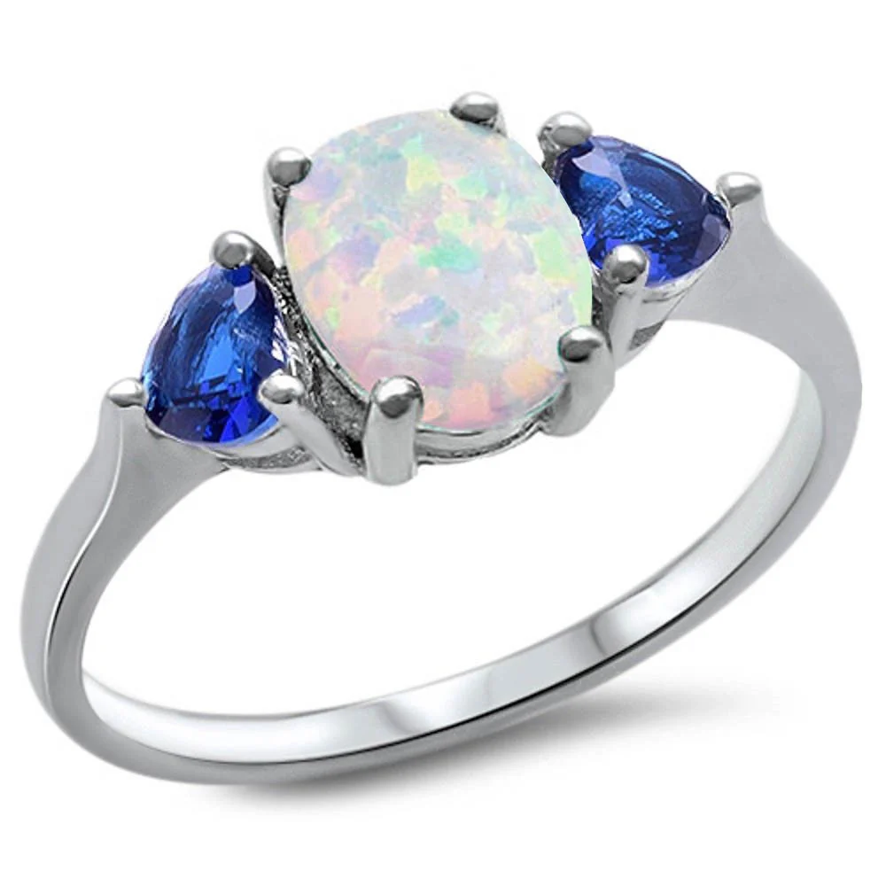 Sterling Silver Oval White Opal And Heart Blue Sapphire CZ Ring