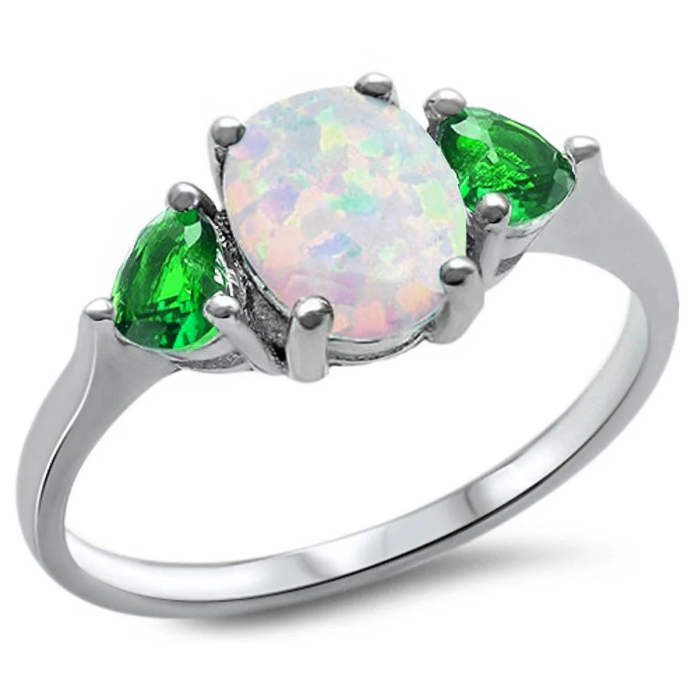 Sterling Silver Oval White Opal And Heart Emerald CZ Ring