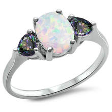 Load image into Gallery viewer, Sterling Silver Oval White Opal And Heart Rainbow CZ Ring