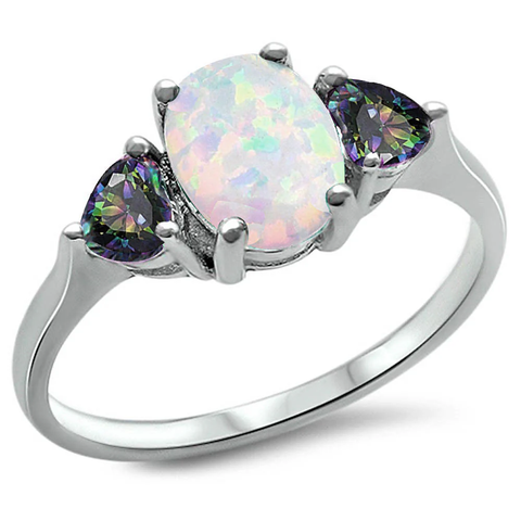 Sterling Silver Oval White Opal And Heart Rainbow CZ Ring