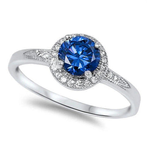 Sterling Silver Halo Blue Sapphire Cz and Cz Fashion Ring