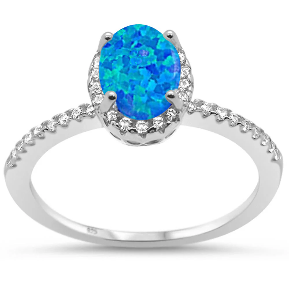 Sterling Silver Oval Blue Opal Halo Cubic Zirconia Ring