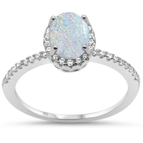 Sterling Silver Oval White Opal Halo Cubic Zirconia Ring