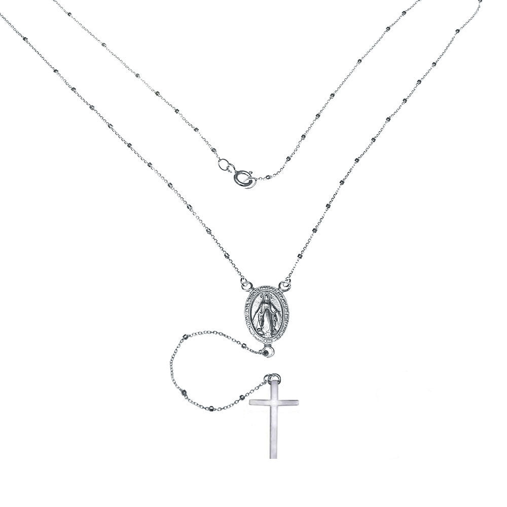 Sterling Silver 1mm Diamond Cut Rosary Necklace with Plain Cross-Length 20"