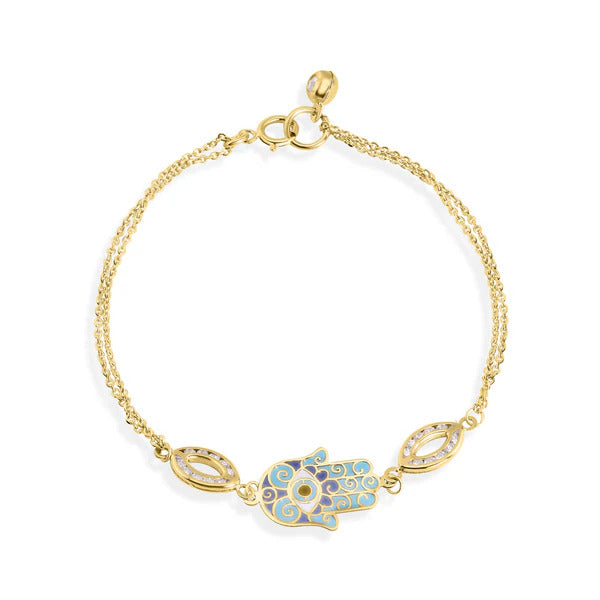 14K Yellow Gold Double Strand 030 Cable Enamel Hamsa Clear CZ Bracelet