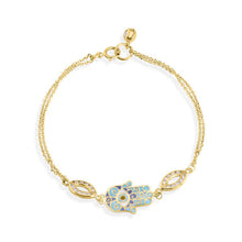 Load image into Gallery viewer, 14K Yellow Gold Double Strand 030 Cable Enamel Hamsa Clear CZ Bracelet