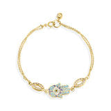 14K Yellow Gold Double Strand 030 Cable Enamel Hamsa Clear CZ Bracelet