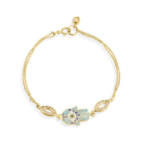 14K Yellow Gold Double Strand 030 Cable Enamel Hamsa Clear CZ Bracelet