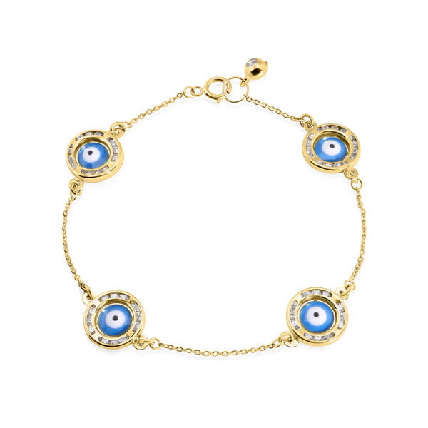 14K Yellow Gold 030 Cable Enamel 4 Evil Eye Charm Clear CZ Bracelet