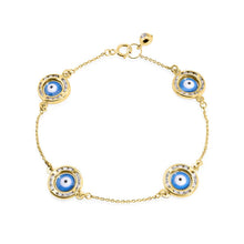 Load image into Gallery viewer, 14K Yellow Gold 030 Cable Enamel 4 Evil Eye Charm Clear CZ Bracelet