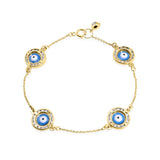 14K Yellow Gold 030 Cable Enamel 4 Evil Eye Charm Clear CZ Bracelet