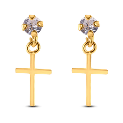14K Yellow Dangling Cross Clear CZ Screw Back Earrings