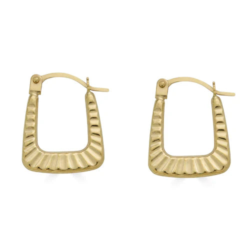 14K Yellow Gold Bamboo Hoop Diamond Cut Square Creole Latch Lock Earrings Dimensions-11.7mmx15.3mm