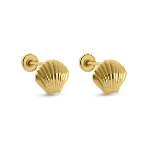 14K Yellow Gold Seashell Screw Back Earrings Dimensions-6.5mmx5.5mm