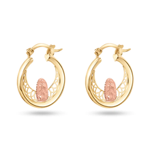 Load image into Gallery viewer, 14K Yellow Gold 2 Tone 18mm Our Lady of Guadalupe Clear CZ Hoop Earrings