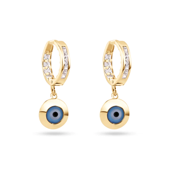 14K Yellow Gold Dangling Evil Eye Clear CZ 11.5mm Hoop Earrings