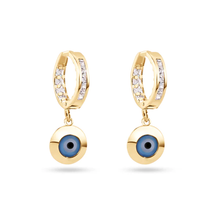 Load image into Gallery viewer, 14K Yellow Gold Dangling Evil Eye Clear CZ 11.5mm Hoop Earrings