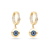 14K Yellow Gold Dangling Evil Eye Clear CZ 11.5mm Hoop Earrings