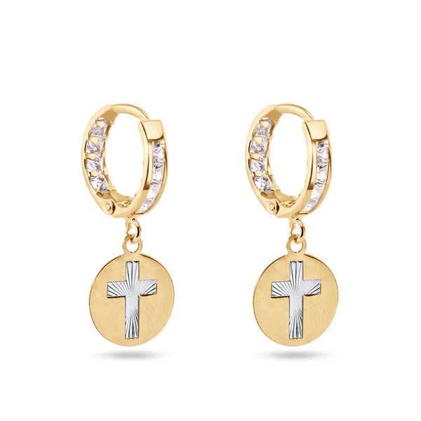 14K Yellow Gold Dangling Cross Clear CZ 12mm Hoop Earrings