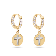 Load image into Gallery viewer, 14K Yellow Gold Dangling Cross Clear CZ 12mm Hoop Earrings