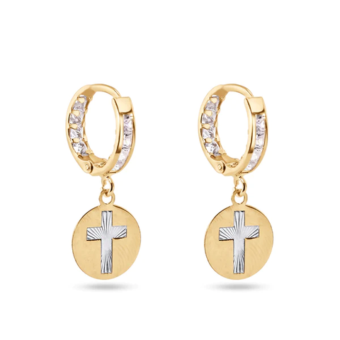 14K Yellow Gold Dangling Cross Clear CZ 12mm Hoop Earrings