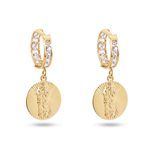 Load image into Gallery viewer, 14K Yellow Gold Diamond Cut Dangling Saint Jude Clear CZ 12mm  Hoop Earrings