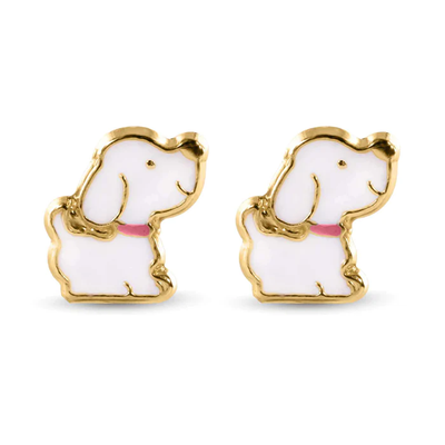 14K Dog White Enamel Pink Leash  Screw Back Earrings