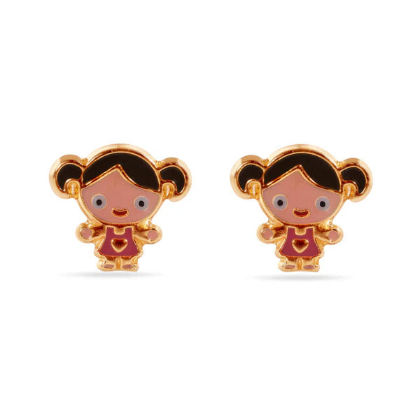 14K Yellow Gold Doll Enamel screw Back Earrings