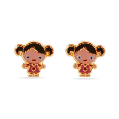 14K Yellow Gold Doll Enamel Screw Back Earrings