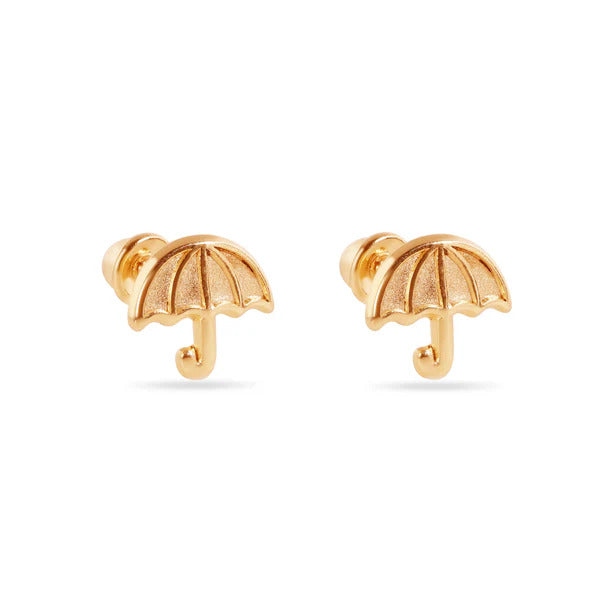14K Yellow Gold Heart Umbrella Screw Back Earrings