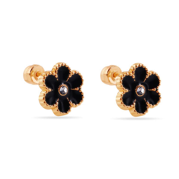 14K Yellow Gold Black Enamel Flower Screw Back Earrings